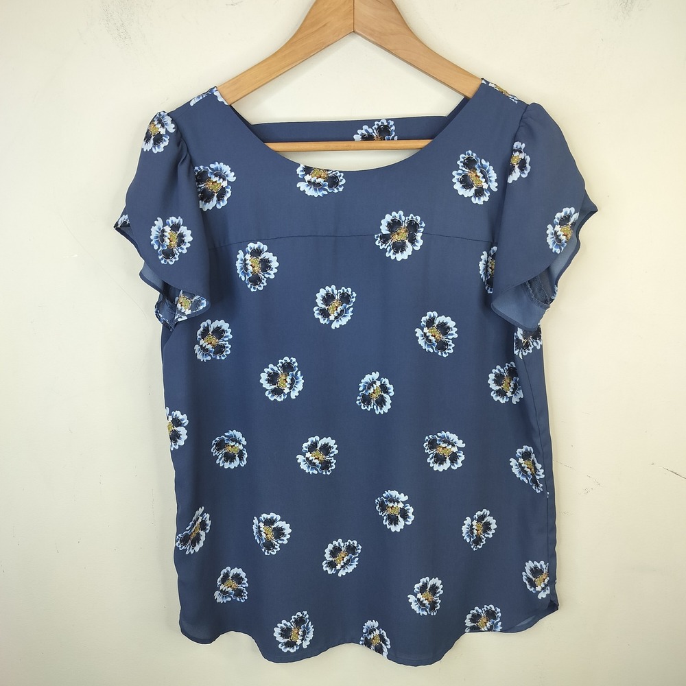 LOFT Floral Blouse Small Flutter Sleeve Casual Boho Blue